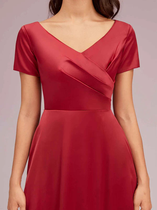 Robe Weitese élégante à col en V et manches courtes, robe longue en satin doux, robe de bal plissée avec fente